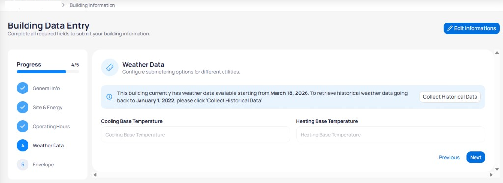 Building Data Entry Weather Data step showing banner that weather data is available from March 18 2026 with Collect Historical Data button back to January 1 2022, and Cooling Base Temperature and Heating Base Temperature fields