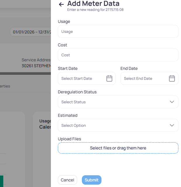 Add Meter Data side panel for meter 2775715 08 with Usage Cost Start Date End Date Deregulation Status Estimated dropdowns and Upload Files drag-and-drop zone with Cancel and Submit buttons