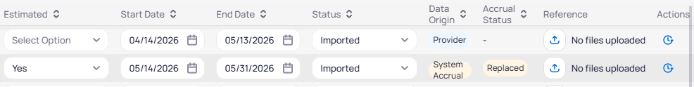 Edit Meter Details table right columns showing Estimated Start Date End Date Status Imported Data Origin Provider or System Accrual badge Accrual Status Replaced Reference upload and Actions history icon