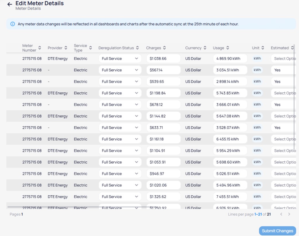 Edit Meter Details table for meter 2775715 08 showing Meter Number Provider DTE Energy Service Type Electric Deregulation Status Full Service Charges 1038.66 US Dollar Usage 4869.90 kWh Estimated dropdown and sync banner with Submit Changes button