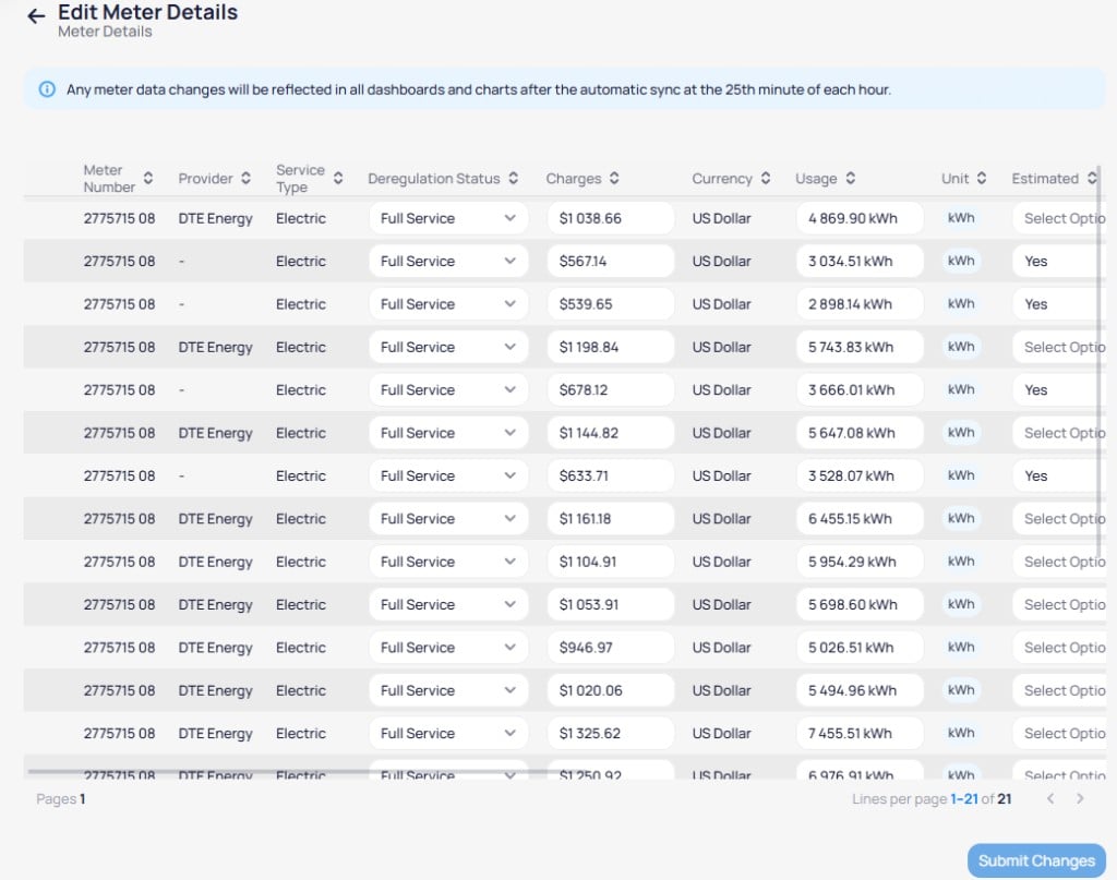 Edit Meter Details table for meter 2775715 08 showing Meter Number Provider DTE Energy Service Type Electric Deregulation Status Full Service Charges 1038.66 US Dollar Usage 4869.90 kWh Estimated dropdown and sync banner with Submit Changes button
