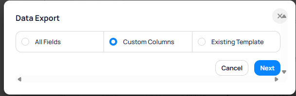 Data Export modal with Custom Columns selected and Next button
