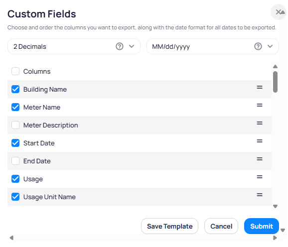 Custom Fields modal with Decimal Precision 2 Decimals Date Format MM/dd/yyyy and checkboxes for Building Name Meter Name Start Date Usage and Usage Unit Name with drag handles