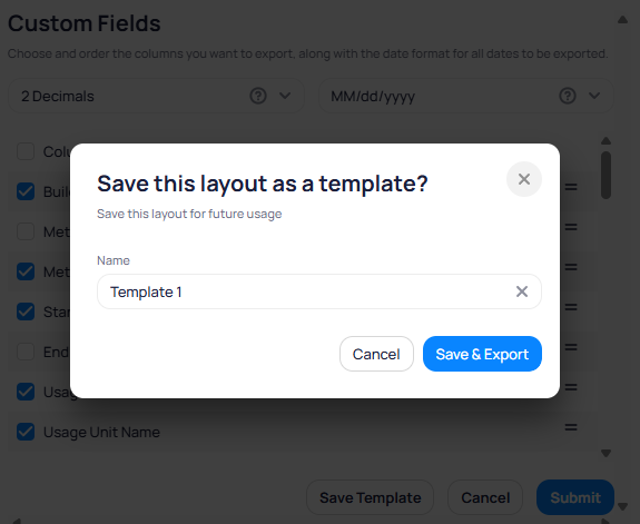 Save this layout as a template dialog with Name field Template 1 and Cancel and Save and Export buttons