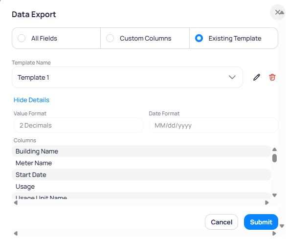 Data Export Existing Template with Hide Details showing 2 Decimals MM/dd/yyyy date format and columns Building Name Meter Name Start Date Usage and Usage Unit Name