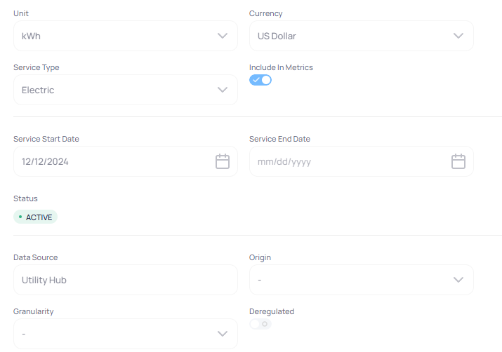 Meter Properties edit view showing Service Start Date 12/12/2024 Service End Date Status ACTIVE Data Source Utility Hub Origin Granularity Deregulated toggle and Include In Metrics on