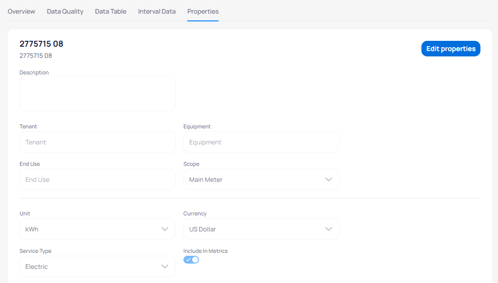 Meter Properties tab for 2775715 08 showing Description Tenant Equipment End Use Scope Main Meter Unit kWh Currency US Dollar Service Type Electric Include In Metrics toggle on and Edit properties button