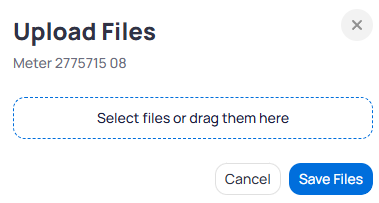 Upload Files modal for Meter 2775715 08 with drag-and-drop zone Select files or drag them here and Cancel and Save Files buttons