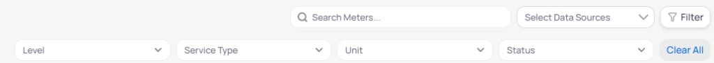 Meters filter row with Search Meters field Select Data Sources dropdown Filter button, and second row with Level Service Type Unit and Status dropdowns and Clear All link