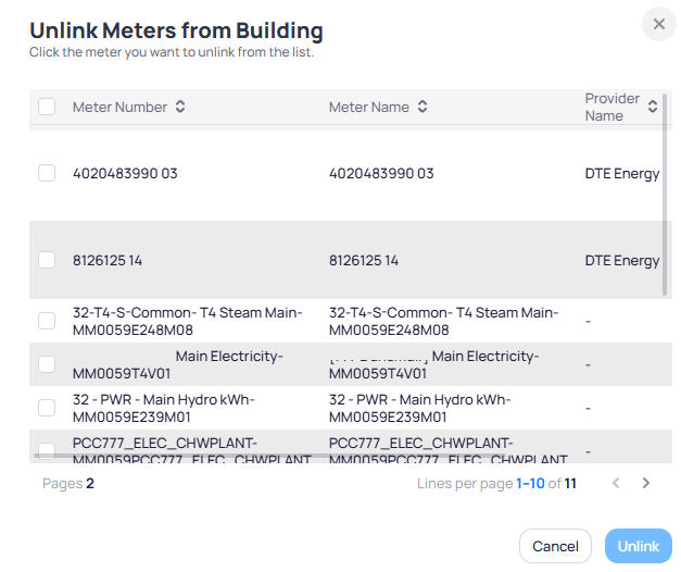 Unlink Meters from Building modal with table of Meter Number Meter Name and Provider Name with checkboxes, pagination 1-10 of 11, and Cancel and Unlink buttons