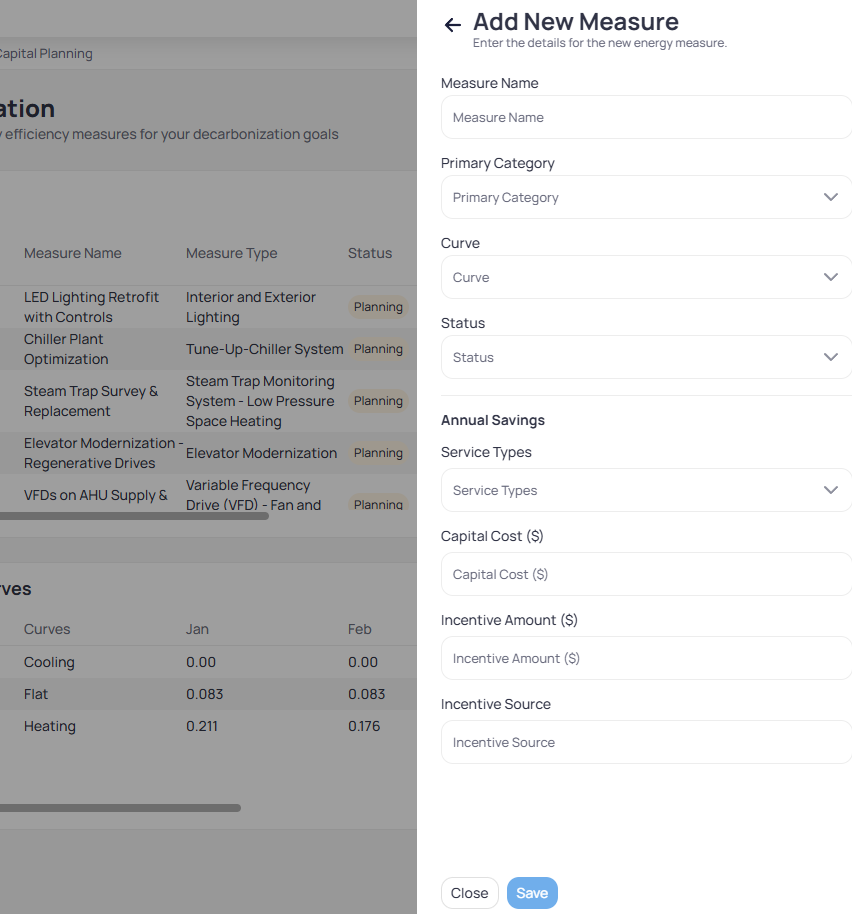 Add New Measure side panel with Measure Name Primary Category Curve Status Service Types under Annual Savings Capital Cost Incentive Amount Incentive Source and Close Save buttons