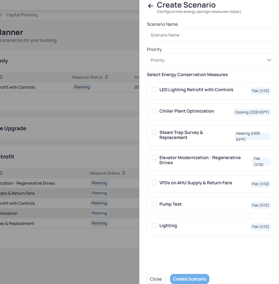 Create Scenario side panel with Scenario Name Priority dropdown and checklist of energy conservation measures with curve tags such as Flat Cooling and Heating and Close Create Scenario buttons