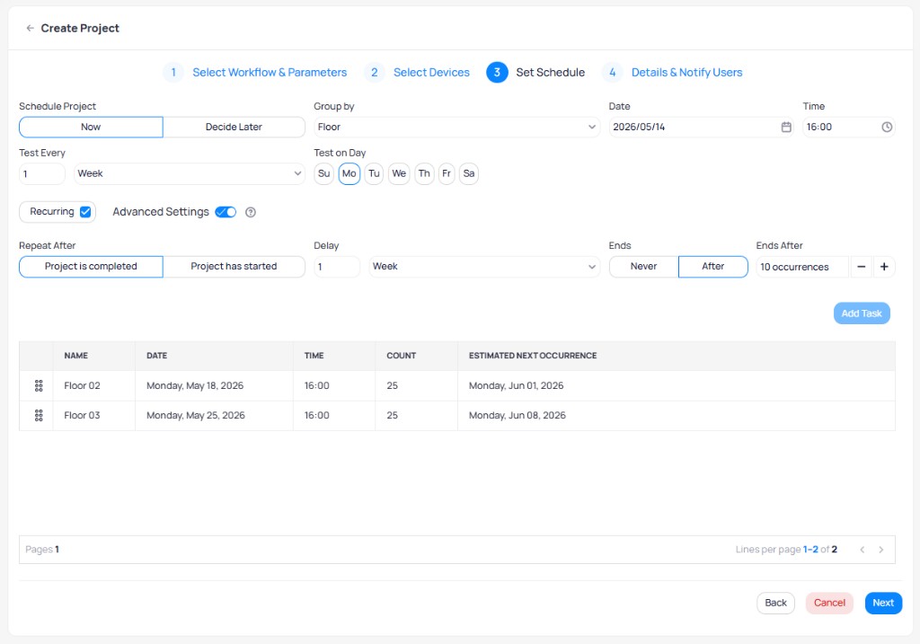 Schedule step with Recurring and Advanced Settings enabled, showing Repeat After set to Project is completed, Delay of 1 Week, Ends After 10 occurrences, and task preview with Floor 02 and Floor 03 showing Estimated Next Occurrence dates of Jun 01 and Jun 08 2026