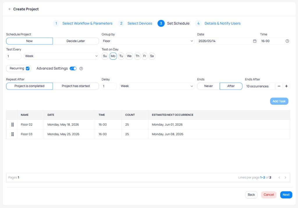 Schedule step with Recurring and Advanced Settings enabled, showing Repeat After set to Project is completed, Delay of 1 Week, Ends After 10 occurrences, and task preview with Floor 02 and Floor 03 showing Estimated Next Occurrence dates of Jun 01 and Jun 08 2026