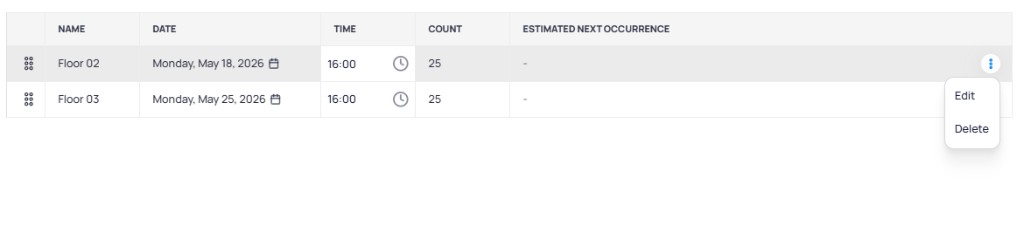 Schedule preview table showing Floor 02 and Floor 03 tasks with a three-dot menu expanded on Floor 03 displaying Edit and Delete options