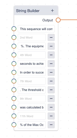 String Builder block showing alternating rows of static text like This sequence will command and variable input slots like 2nd Word, 4th Word, 7th Word, 9th Word, and 11th Word that receive values from logic block connections