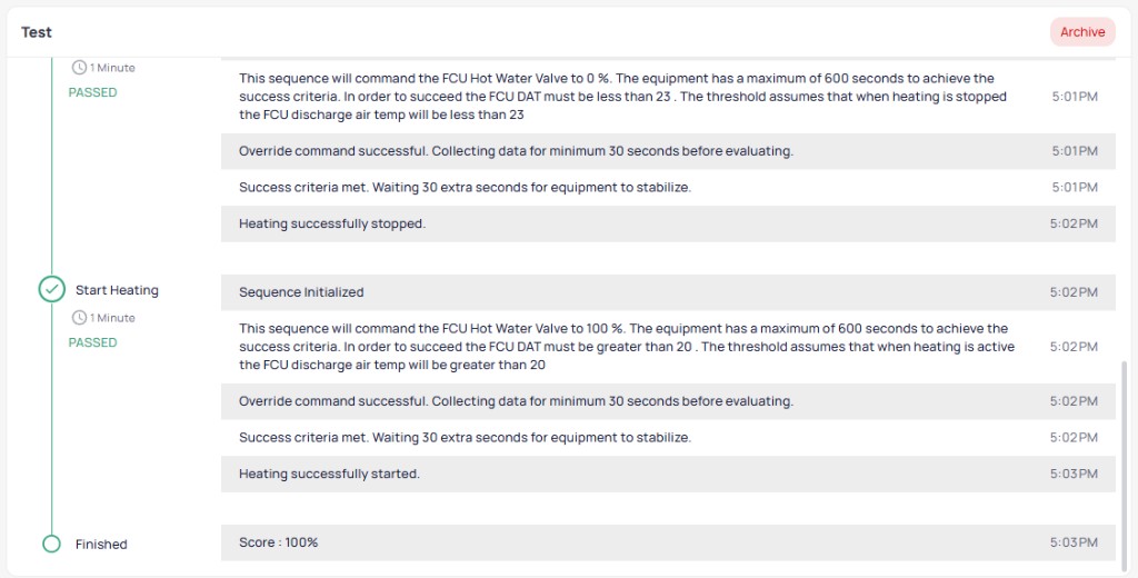 Test sequence continuation showing Stop Heating completion with Heating successfully stopped, then Start Heating step PASSED in 1 minute with Sequence Initialized, command to set FCU Hot Water Valve to 100 percent with DAT must be greater than 20 success criteria, Override command successful, data collection, Success criteria met, Heating successfully started, and Finished step showing final Score 100 percent