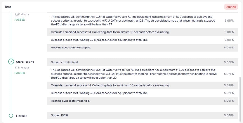 Test sequence continuation showing Stop Heating completion with Heating successfully stopped, then Start Heating step PASSED in 1 minute with Sequence Initialized, command to set FCU Hot Water Valve to 100 percent with DAT must be greater than 20 success criteria, Override command successful, data collection, Success criteria met, Heating successfully started, and Finished step showing final Score 100 percent