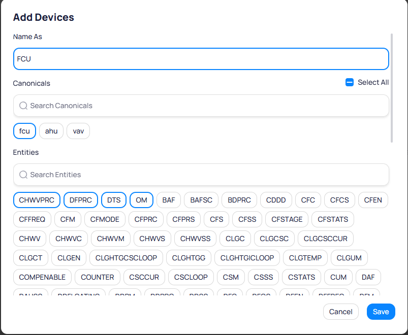 Add Devices dialog showing FCU device with fcu, ahu, vav canonical types selected and entity list including CHWVPRC, DFPRC, DTS, and OM
