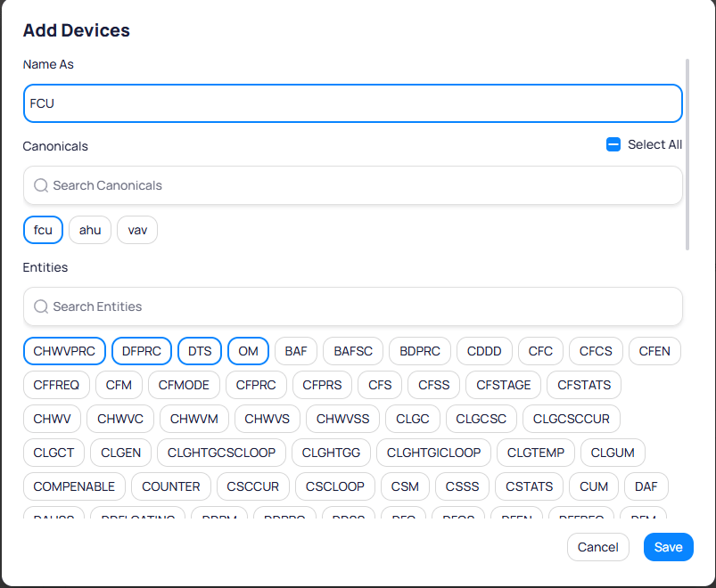 Add Devices dialog showing FCU device with fcu, ahu, vav canonical types selected and entity list including CHWVPRC, DFPRC, DTS, and OM