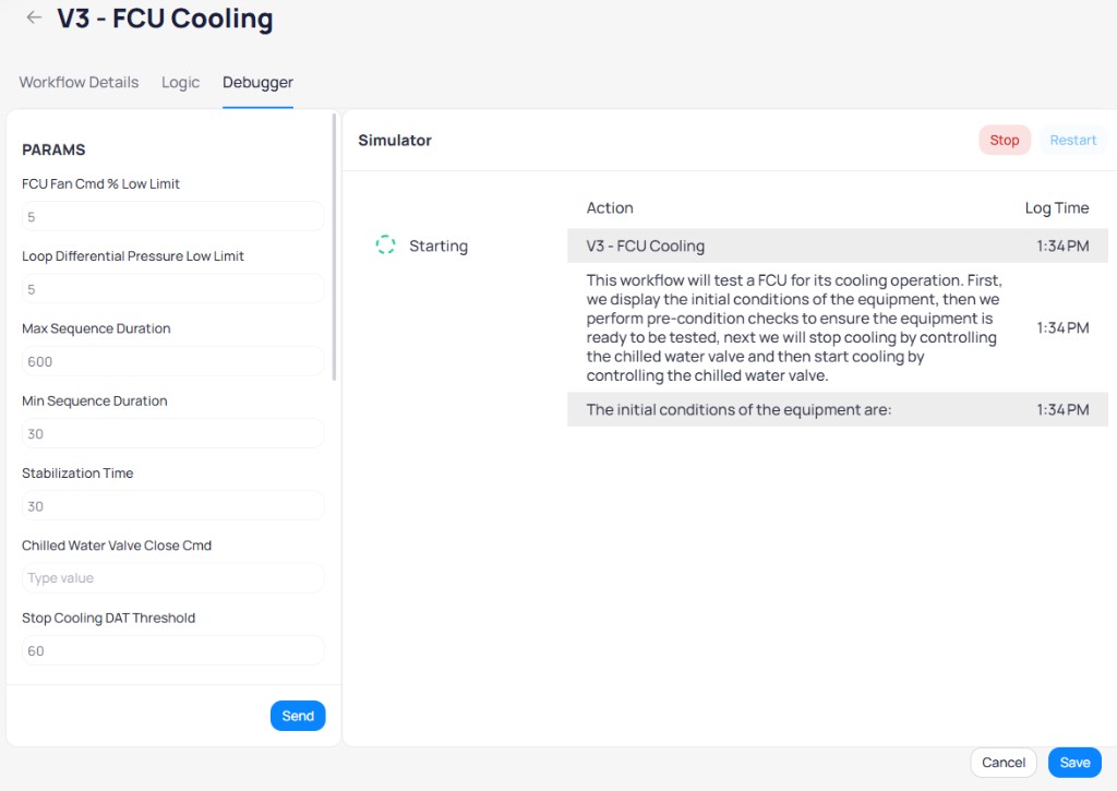 Debugger simulator running V3 FCU Cooling showing Starting phase with workflow description and initial conditions log entries at 1:34 PM