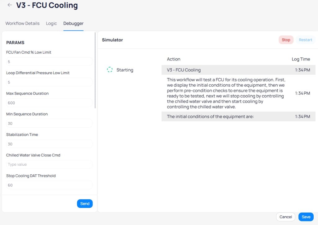 Debugger simulator running V3 FCU Cooling showing Starting phase with workflow description and initial conditions log entries at 1:34 PM