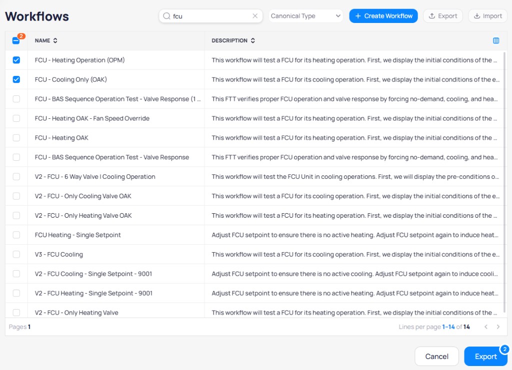 Export workflows screen showing a list of FCU workflows with checkboxes for selection and an Export button
