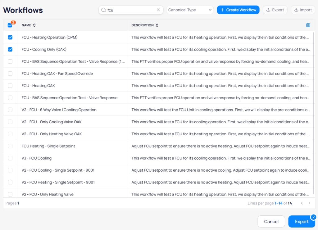 Export workflows screen showing a list of FCU workflows with checkboxes for selection and an Export button