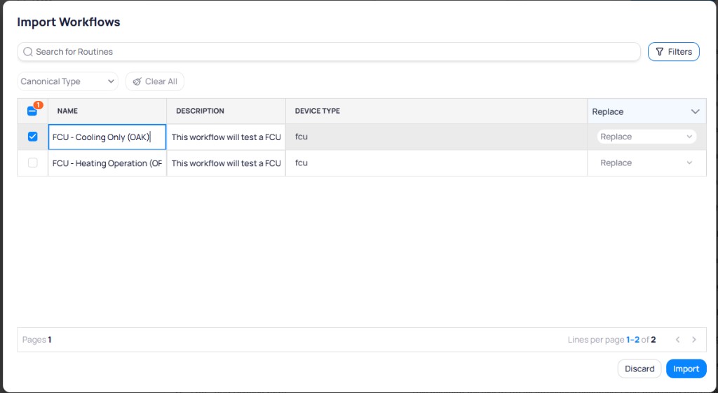 Import Workflows review screen showing two FCU workflows with name, description, device type columns and Replace dropdown for each row