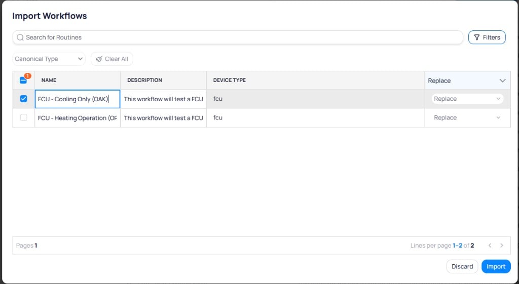 Import Workflows review screen showing two FCU workflows with name, description, device type columns and Replace dropdown for each row