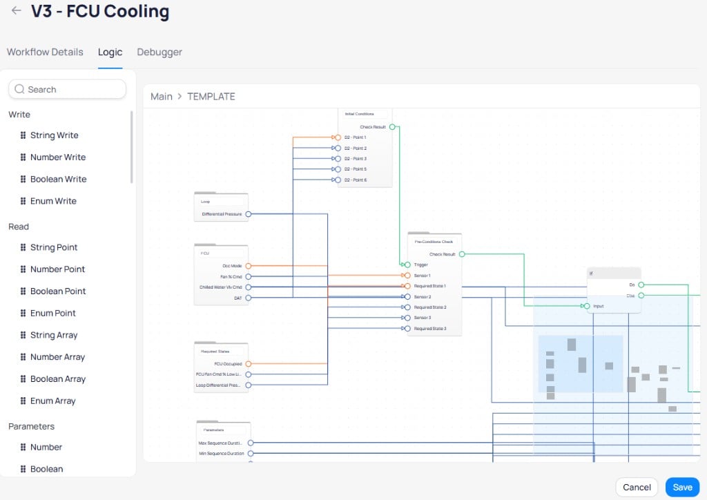 Logic tab showing V3 FCU Cooling workflow canvas with Initial Conditions, Loop, FCU, Required States, Parameters blocks connected to Pre-Conditions Check and if blocks