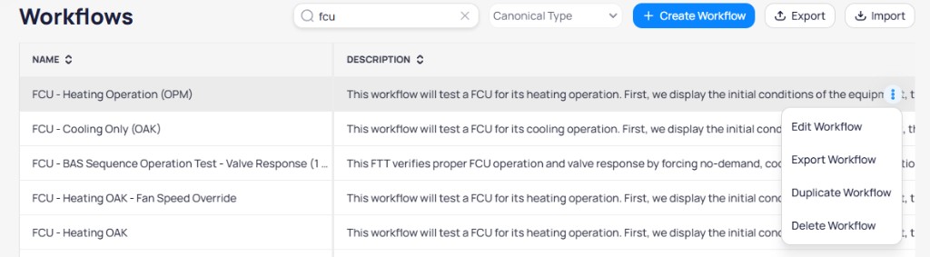 Workflow row three-dot menu showing Edit Workflow, Export Workflow, Duplicate Workflow, and Delete Workflow options