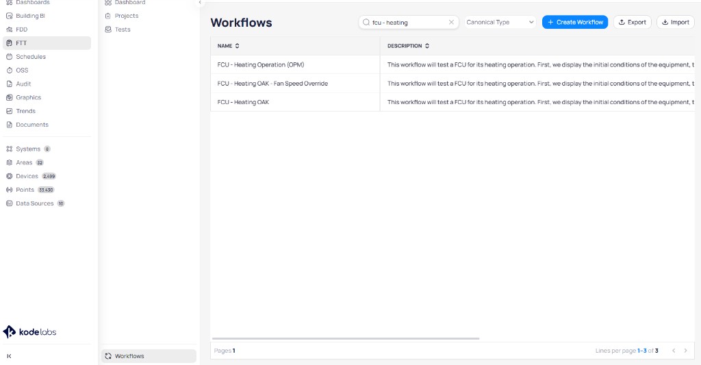 FTT workflows list showing search results for FCU heating workflows with name and description columns