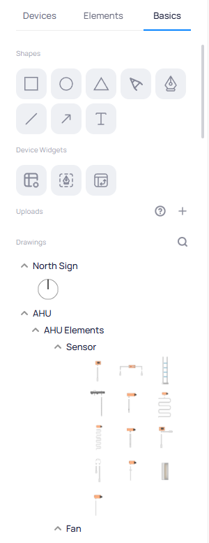 Basics tab showing Shapes section with rectangle, circle, triangle, and other shape tools, Device Widgets, Uploads, and a Drawings library with AHU sensor components