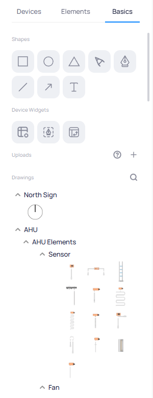 Basics tab showing Shapes section with rectangle, circle, triangle, and other shape tools, Device Widgets, Uploads, and a Drawings library with AHU sensor components