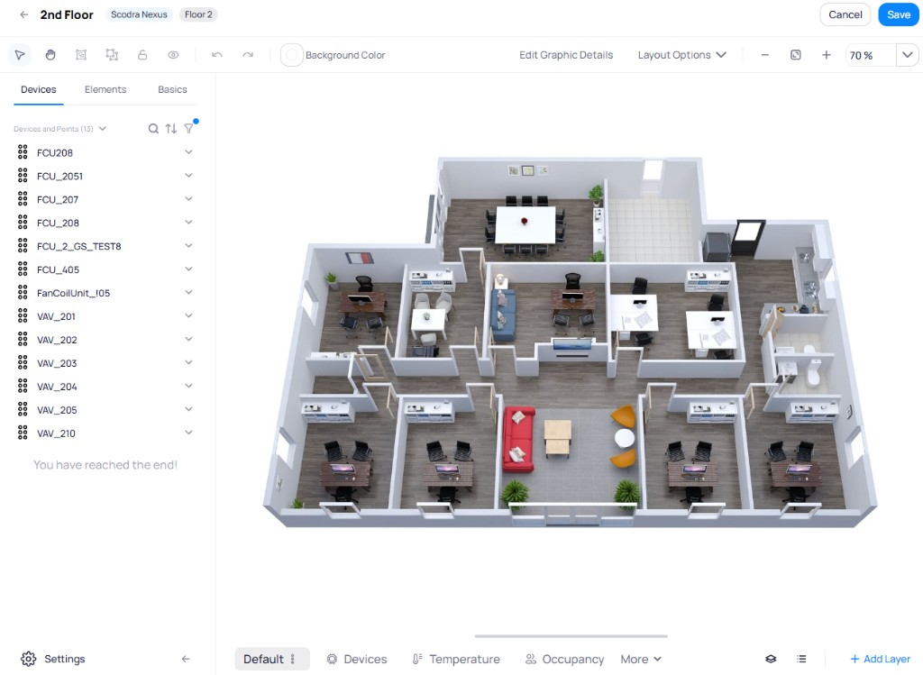 Graphic Tool workspace showing a device list with FCU and VAV devices on the left and a floor plan with device markers on the right