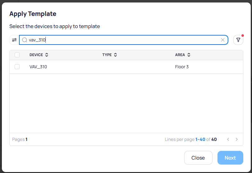 Apply Template dialog showing a search field with vav_310 entered, a device list with VAV_310 on Floor 3, and Close and Next buttons