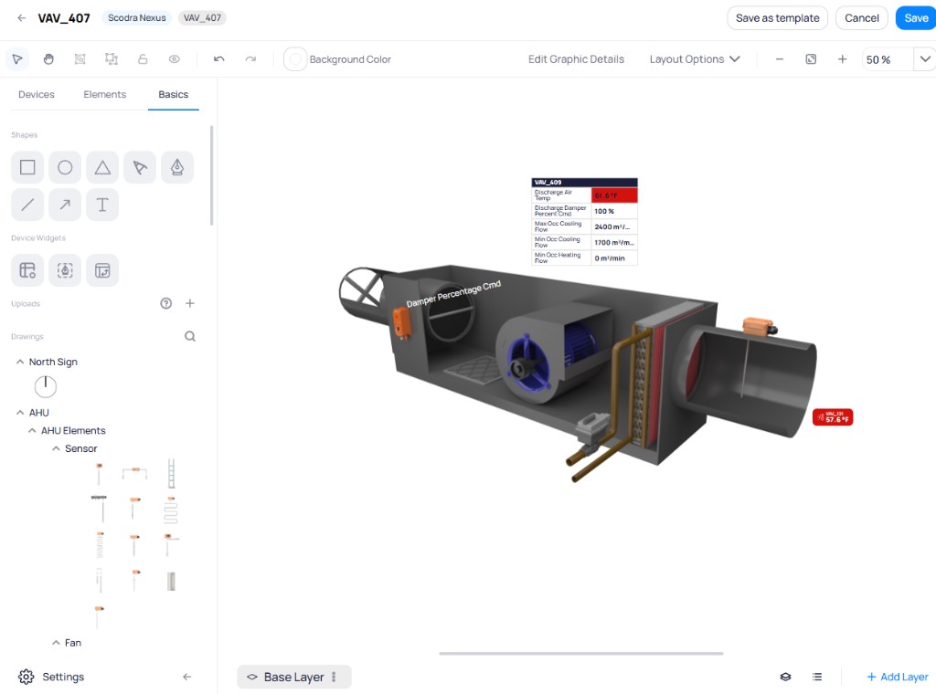 Graphic Tool showing the Basics tab with Shapes, Device Widgets, Uploads, and Drawings sections including AHU Elements with Sensor and Fan categories