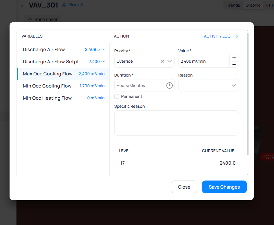 Command panel for VAV_301 showing variables including Discharge Air Flow, setpoints, and cooling flow on the left, with action fields for Priority, Value, Duration, Reason, and Specific Reason on the right