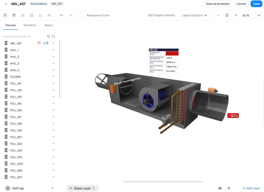 Graphic Tool editor showing the Devices tab with VAV_407 flagged as the main device, a 3D AHU model on the canvas with point markers showing Discharge Air Temp and other readings