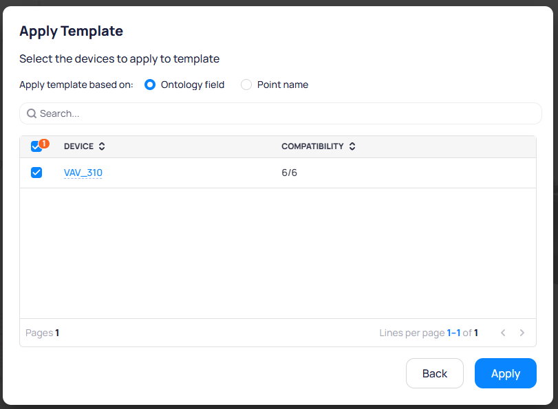 Apply Template dialog with Ontology field selected, showing VAV_310 with 6 out of 6 compatibility