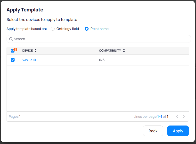 Apply Template dialog with Point name selected, showing VAV_310 with 6 out of 6 compatibility