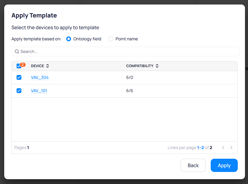 Apply Template confirmation showing VAV_304 with 6 out of 0 compatibility and VAV_101 with 6 out of 6 compatibility