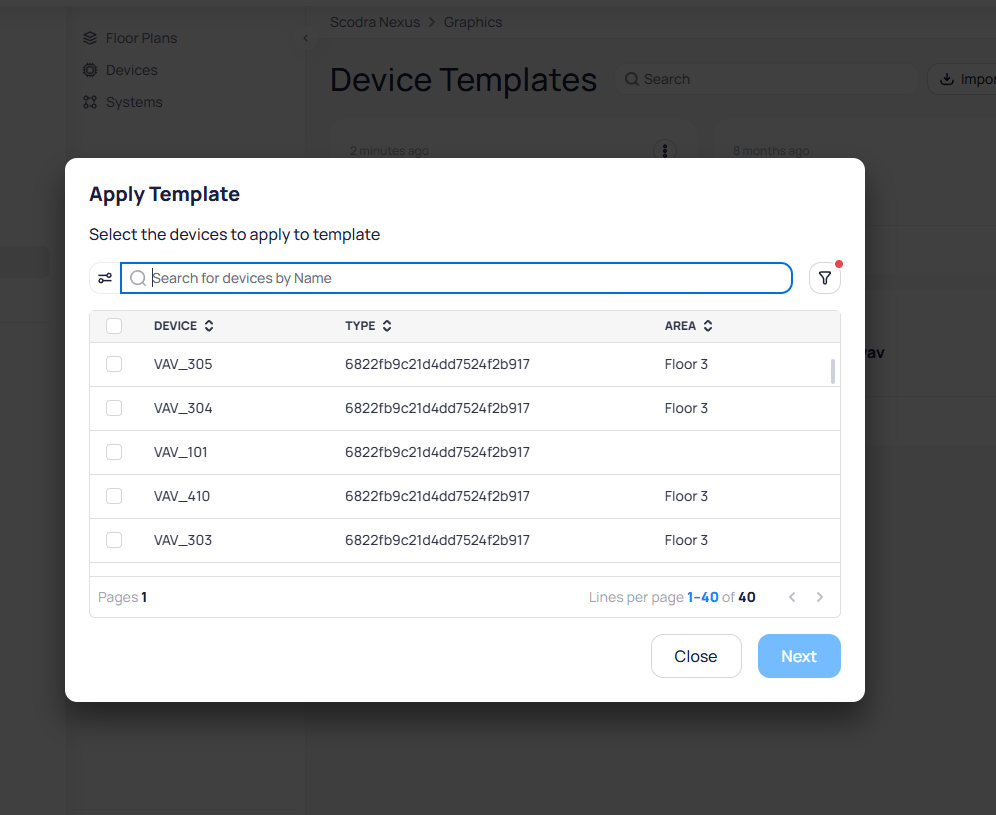 Apply Template dialog showing a list of VAV devices with Device, Type, and Area columns, a search bar, and filter options