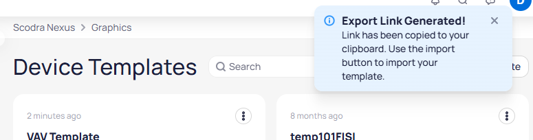 Export Link Generated notification showing the link has been copied to clipboard with instructions to use the import button