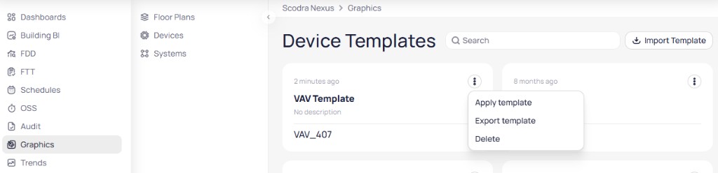 Device Templates page with three-dot menu expanded on VAV Template showing Apply template, Export template, and Delete options