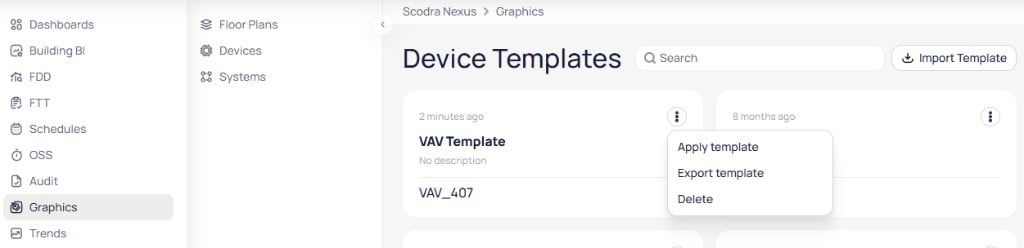 Device Templates page with three-dot menu expanded on VAV Template showing Apply template, Export template, and Delete options