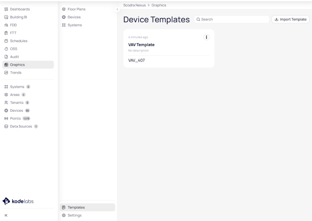 Graphics module showing the Templates link in the sidebar and the Device Templates page with a VAV Template card, search bar, and Import Template button