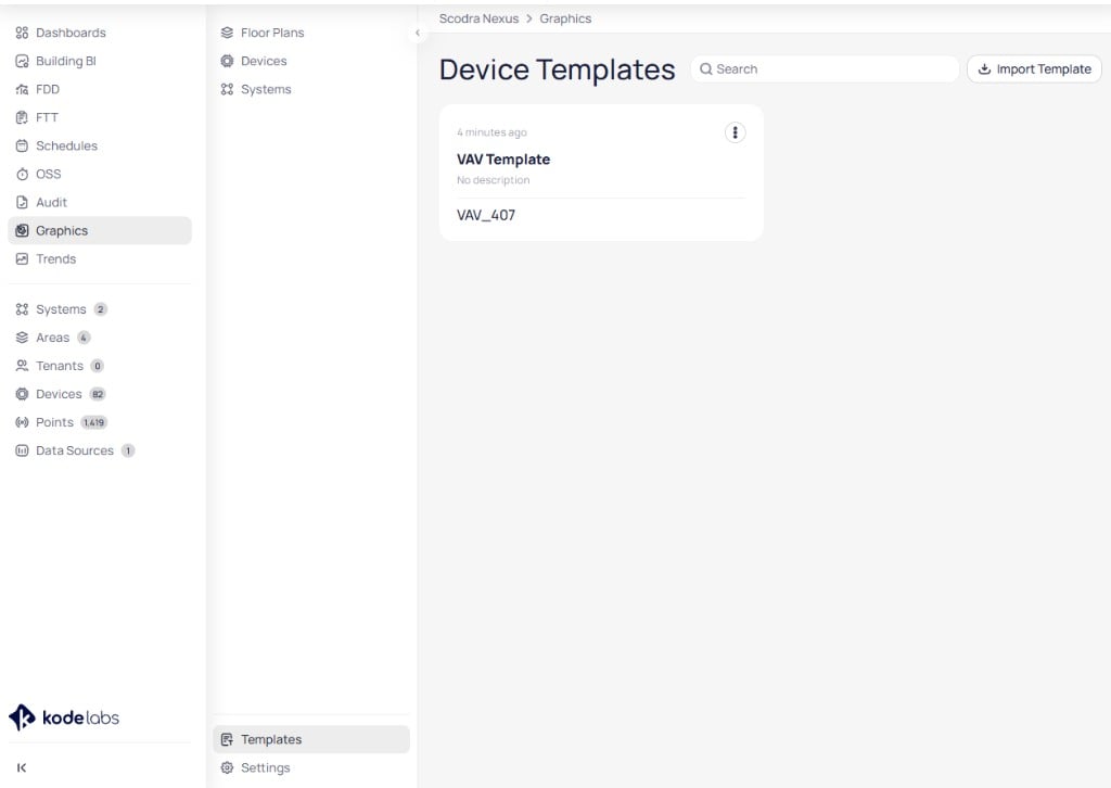 Graphics module showing the Templates link in the sidebar and the Device Templates page with a VAV Template card, search bar, and Import Template button