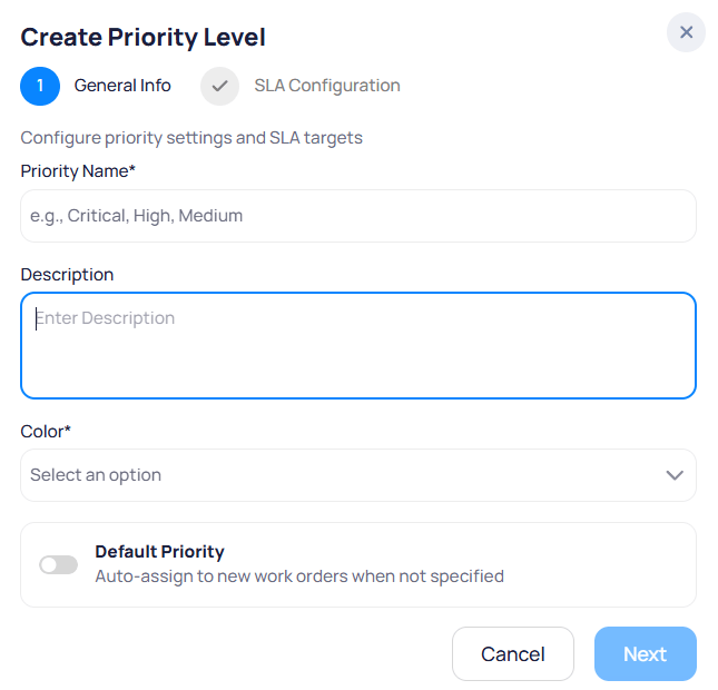 Create Priority Level modal step one General Info with Priority Name, Description, Color, and Default Priority toggle